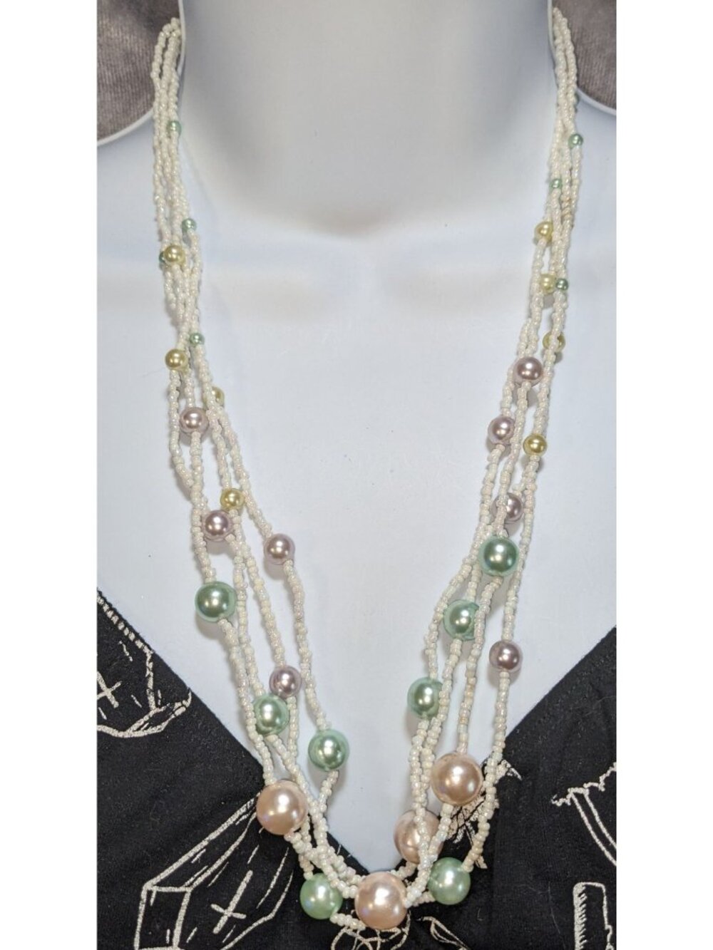 Coquette Cottagecore Layered Faux Pearl Seed Bead Multi Strand Statement Necklac - Picture 4 of 5